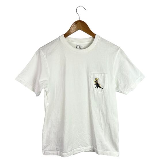 UNIQLO Jean Michel Basquiat Men's White Embroidered Dino Tee T-Shirt Top Size S - Picture 1 of 5